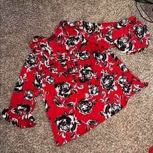 Jones New York Red and Black Floral Blouse